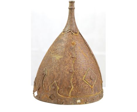 Indo-Persian style helmet, probably Victorian reproduction, lacking liner, rusted. P&amp;P Group 3 (£25+VAT for the first lot