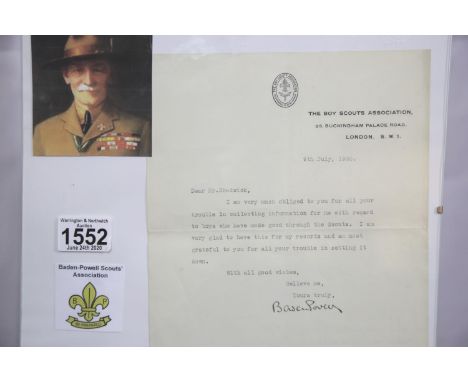 Lieutenant General Robert Stephenson Smyth Baden-Powell, signed typed letter from the Boy Scouts Association, dated 1930, 25 