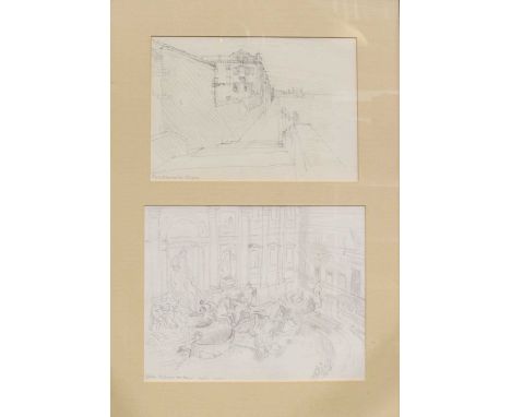 John Aldridge,Trevi Fountain from Albergo Fontana, Night 1957,pencil sketch, inscribed,19x24cm,framed with Fondamenta Nuove, 