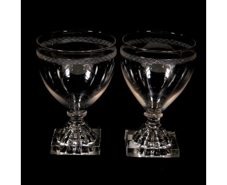 Pair of rummers, engraved funnel bowls each decorated with a cross-hatched band, annular knops over lemon squeezer bases, 13c