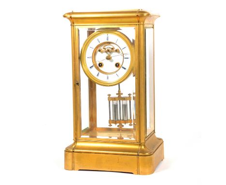 French gilt metal four-glass table clock, circular enamelled dial with visible escapement, cylinder movement by Vincent &amp;