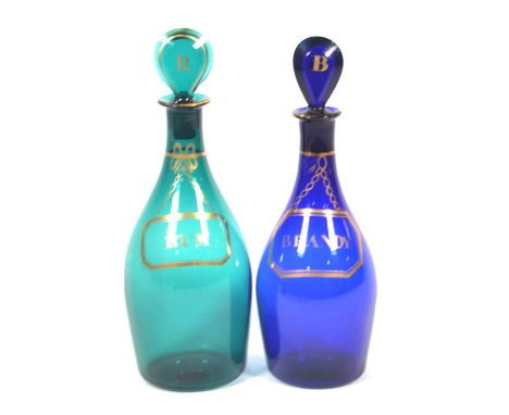 'Bristol Blue' glass mallet-shape decanter, gilt painted 'label' BRANDY, flat stopper initailed B, 23cm; and a very similar g