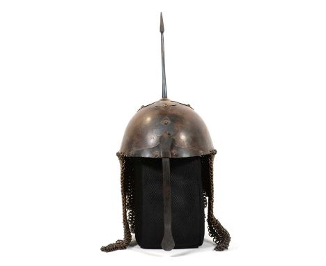 Steel Persian style helmet, spiked top, front guard, chain mail apron, height 32cm.