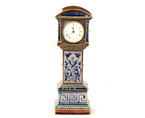 Doulton Lambeth stoneware desktop grandfather clock, circa 1880, the hood and trunk with incised scrolled designs and applied