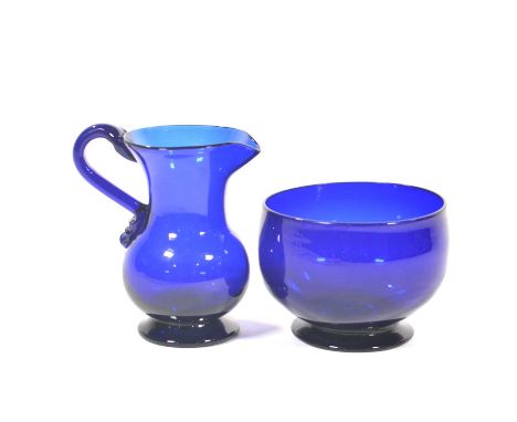 'Bristol Blue' glass pear-shape cream jug, with loop handle, 11cm and a circular sugar basin, diameter 10cm. (2)
