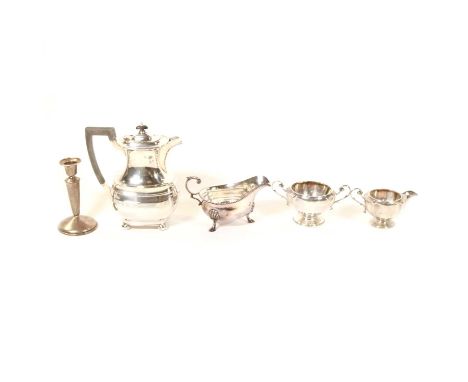 Silver milk jug and sugar bowl, Alexander Clark &amp; Co Ltd., Birmingham 1921, 6.6ozt in total, weighted silver candlestick,