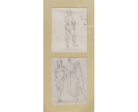 John Aldridge,Male model,pencil sketch, inscribed Slade,23x18cm,framed with another pencil sketch of two male models, unframe