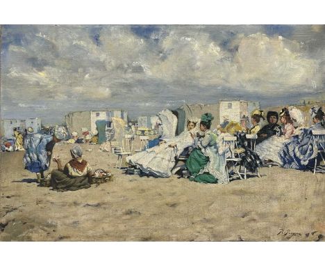 Raffaele Ragione after Eugene Boudin, Figures on a beach, signed, oil on relined canvas, 36 x 54cm.Condition report:Heavily c