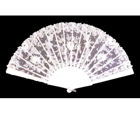 19th Century needle and bobbin lace fan having mother-of-pearl guards with mother-of-pearl and bone sticks, 39.5cm wide  Cond