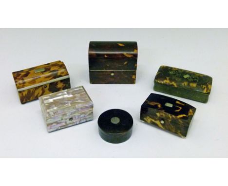 Three small 19th Century tortoiseshell boxes, 6cm, 7cm and 7.5cm wide, a circular tortoiseshell box, 4.5cm diameter, a 19th C