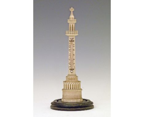 19th Century Indian Colonial carved ivory desk thermometer in the form of a tower, standing on a turned ebonised base, overal