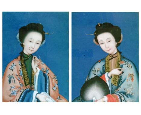 Pair of 19th Century Chinese reverse glass paintings, each depicting a young lady, one wearing a pink robe and holding a scro