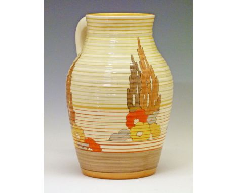 Clarice Cliff 'Capri' single handled Lotus jug, 29cm high  Condition: **General condition consistent with age