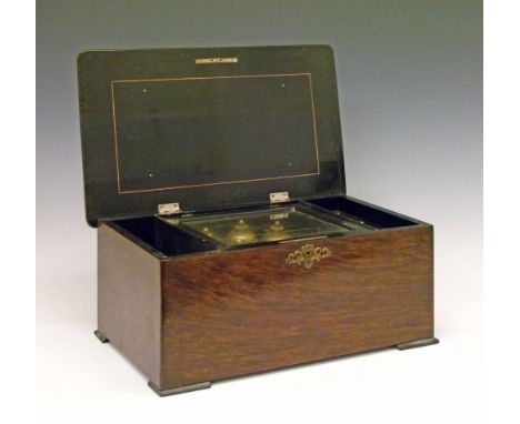 19th Century inlaid simulated rosewood cased musical box playing on a 6" cylinder and three bells, 42cm wide  Condition: The 