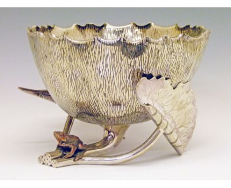 19th Century Aesthetic School electroplated bowl by Hukin & Heath, organically formed as a textured flower head with a bronze