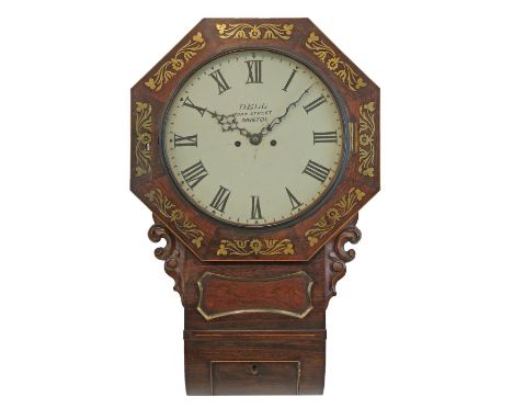 19th Century brass inlaid rosewood double fusee drop dial wall clock by Dell, of John Street, Bristol, the off-white dial wit