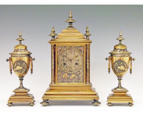 19th Century French ormolu and nickel plated cased garniture de cheminee, the clock having a lantern top with five finials, s