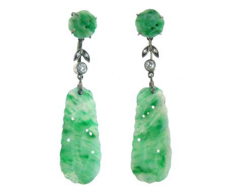 Pair of jade and diamond drop earrings the rectangular peach carved panel, 3.3cm long, to a diamond suspension of approximate