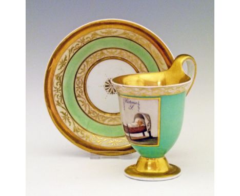 19th Century Berlin porcelain cabinet cup and saucer, the cup having a reserve panel decorated with a sleeping child in a cri