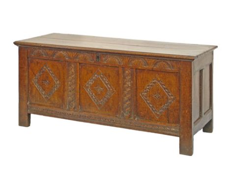 18th Century oak coffer having a carved triple panel front, 122cm long  Condition: Please see extra images and TELEPHONE depa