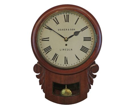 19th Century mahogany drop dial fusee wall clock by Usher & Son of Lincoln, the off-white dial with Roman numerals, glazed pa