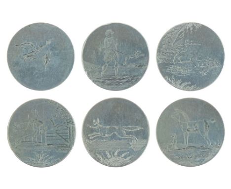 Set of six George III engraved silver hunt buttons decorated with hunting and shooting figures, a fox, birds and a horse and 