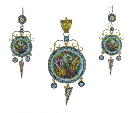 19th Century micro mosaic pendant and earrings, the circular panel of flowers, with drops below, locket back to the pendant, 