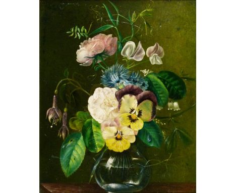 19th Century English School - Oil on wooden panel - Still-life with a vase of flowers, unsigned, 29cm x 24.5cm  Condition: So