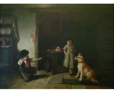 Walter Hunt (1861-1941) - Oil on canvas - William Tell, being a cottage interior showing a boy with a bow and arrow aimed at 