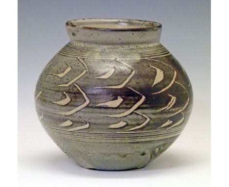 David Leach studio pottery vase having typical incised decoration on a mottled brown and grey ground, impressed seal mark, 20