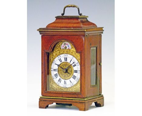 Georgian style walnut cased miniature table clock, the lantern top case having a folding brass handle, arch shaped glazed doo