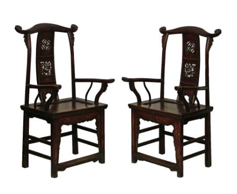Pair of antique Chinese high back open arm elbow chairs, primarily elm, each having an arch crest rail with scroll terminals,