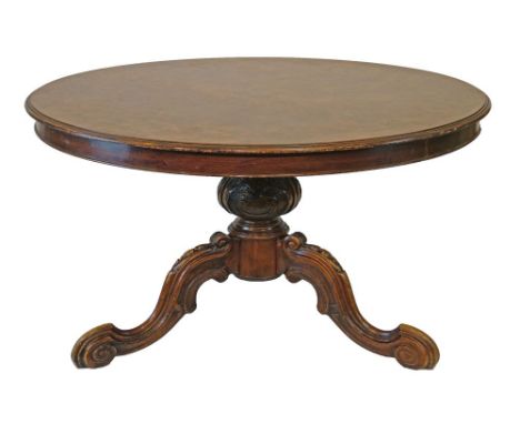 Victorian style marquetry inlaid circular snap top breakfast table having foliate decoration and standing on a carved and tur