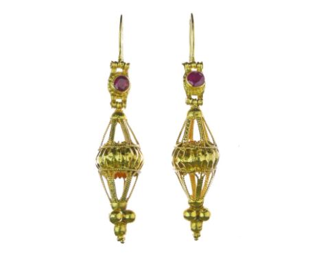 Pair of Continental drop earrings of lantern form, set with a synthetic ruby to the fitting, 6.8cmm long, unmarked, 23g gross