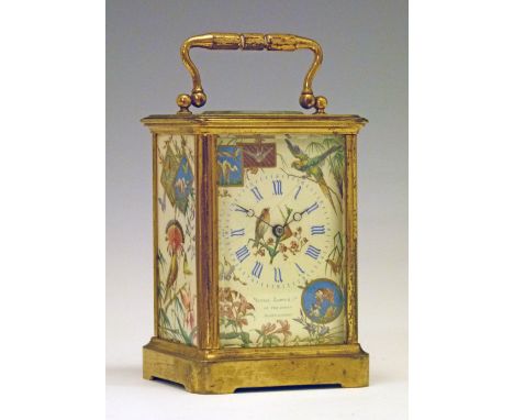 French brass cased carriage clock, the porcelain dial and side panels having Aesthetic School decoration depicting birds amon