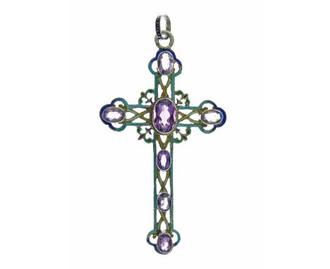 Austro-Hungarian enamel and amethyst set cross pendant, 6.5cm long, 7.5g approx  Condition: some wear to the enamel, central 