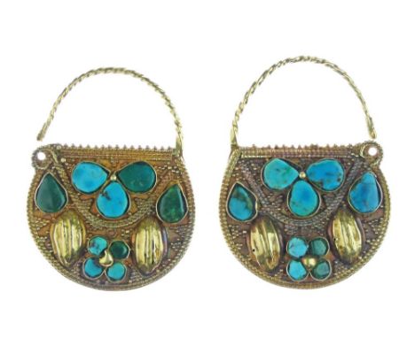 Pair of turquoise earrings the semi-circular panel set with turquoise amongst beadwork, possibly Indian, 3.5cm across, unmark