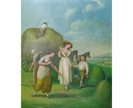 19th Century English School - Oil on rustic wooden panel - Landscape with harvesters, 59cm x 49cm  Condition: Several horizon