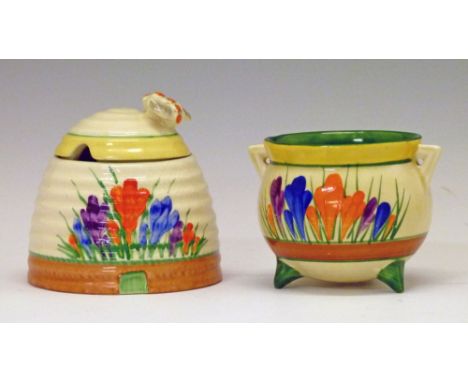Clarice Cliff 'Crocus' beehive honey pot, 10cm high together with a similarly decorated cauldron design bowl, 7.25cm high  Co
