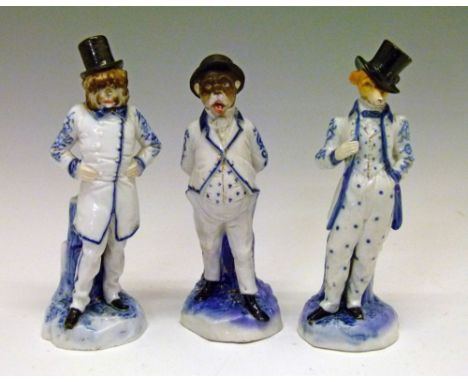 Three late 19th/early 20th Century Ernst Bohne Rudolstadt porcelain figures, each depicting an anthropomorphic dog, 15.5cm - 