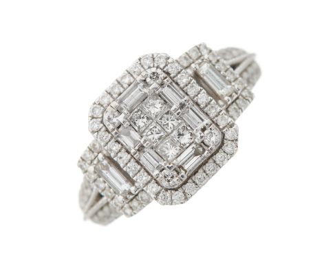 Vera Wang, an 18ct gold vari-cut diamond Love cluster dress ring, with brilliant-cut diamond line tapered shoulders and sapph