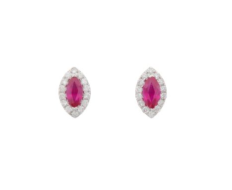 A pair of 18ct gold ruby and brilliant-cut diamond marquise-shape cluster stud earrings, estimated total ruby weight 0.50ct, 