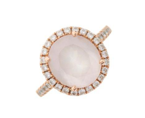 An 18ct gold oval-shape rose quartz and brilliant-cut diamond cluster ring, with similarly-cut diamond line shoulders, estima