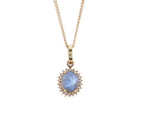 A gold natural star sapphire and brilliant-cut diamond cluster pendant, suspended from a yellow metal chain, sapphire estimat
