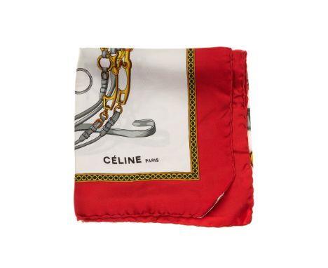 Celine, a Sellerie silk scarf, featuring an equestrian design on a white background with red border, measuring 85 by 85cm, wi