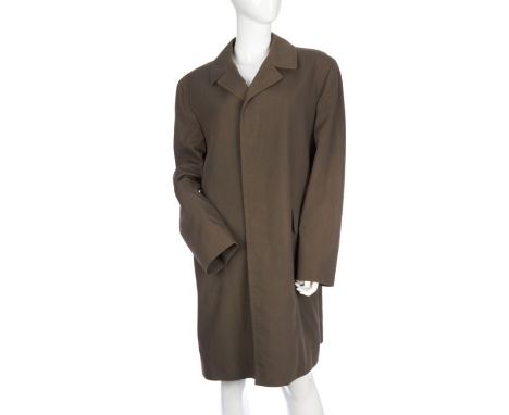 Burberry, a men's green lightweight coat, featuring a notched lapel collar, front button fastenings, two outer flap pockets a