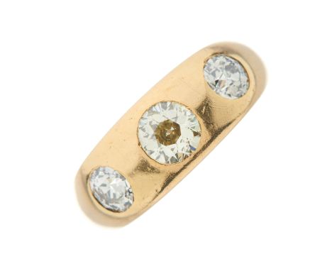 A late Victorian 18ct gold old-cut diamond three-stone band ring, estimated total diamond weight 1.25ct, principal diamond es