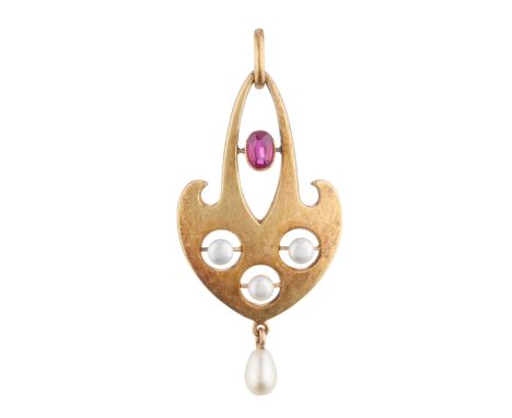 An Art Nouveau 14ct gold, cushion-shape ruby and pearl openwork pendant, suspending a pearl drop, mount stamped 585, length 4