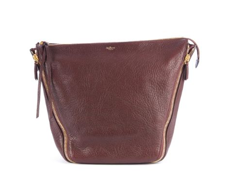 Mulberry, a burgundy leather Camden handbag, featuring gold-tone hardware, an adjustable shoulder strap, top zip fastening an