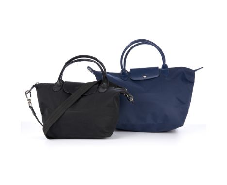 Longchamp, two Le Pliage handbags, to include a medium sized blue example and a smaller black example with a detachable cross